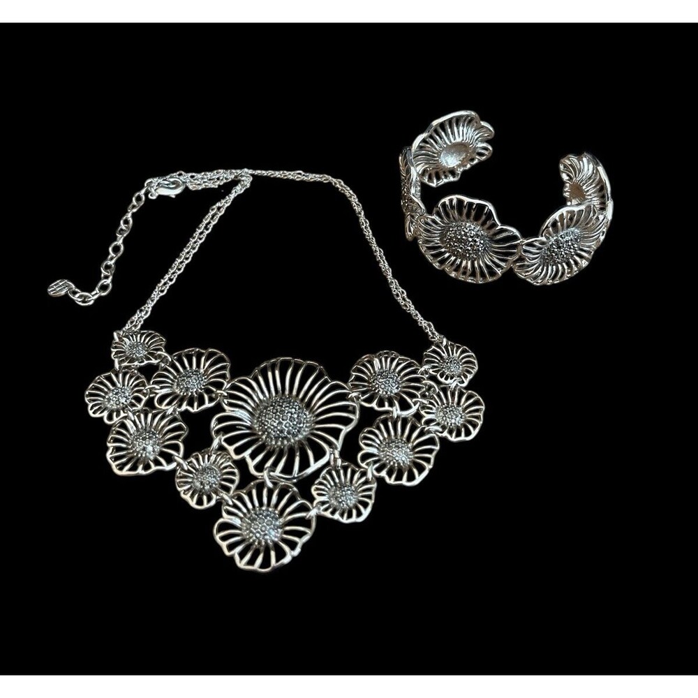 Talbots Filigree Bib Necklace Cuff Bracelet Flowers Pave Silver Tone 21”